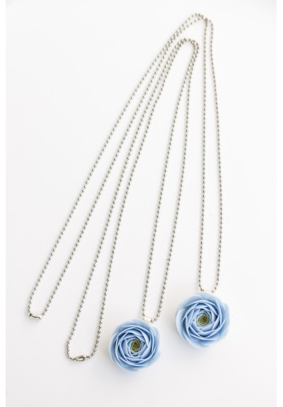 Extra Long Ranunculus Necklace – Blue Flower Pendant – Handmade Polymer Clay Statement Jewelry
