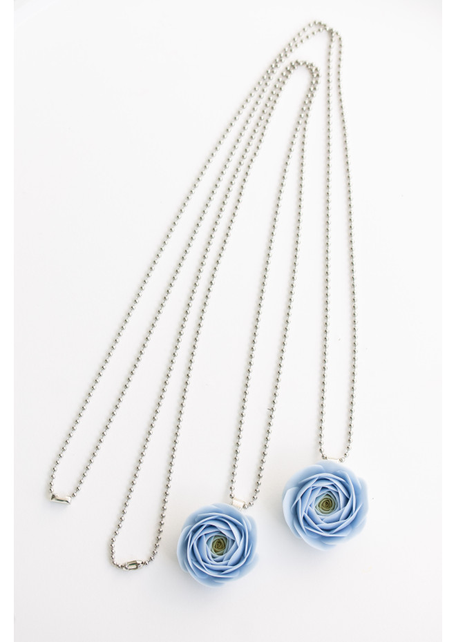 Extra Long Ranunculus Flower Necklace with Handmade Blue Pendant