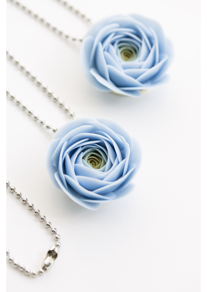 Extra Long Ranunculus Flower Necklace with Handmade Blue Pendant