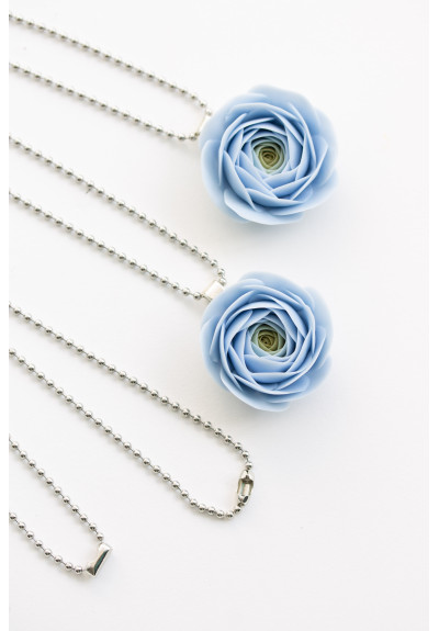 Extra Long Ranunculus Necklace – Blue Flower Pendant – Handmade Polymer Clay Statement Jewelry