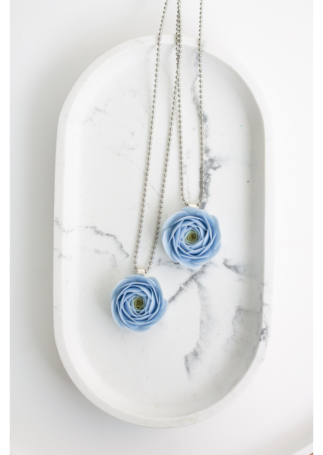 Extra Long Ranunculus Flower Necklace with Handmade Blue Pendant