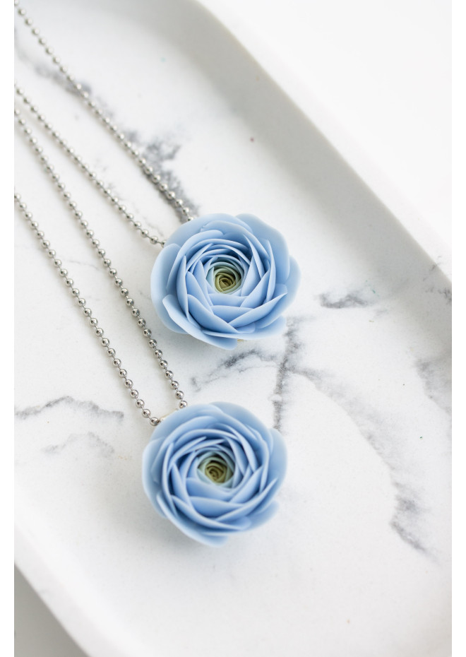 Extra Long Ranunculus Flower Necklace with Handmade Blue Pendant