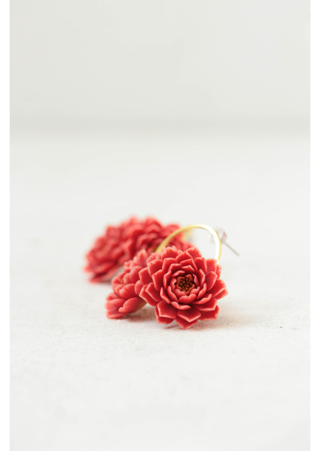 Coral Chrysanthemum Flower Hoop Earrings