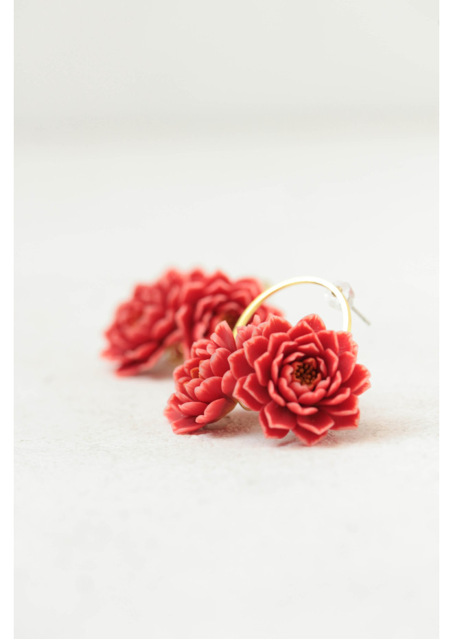 Coral Chrysanthemum Flower Hoop Earrings