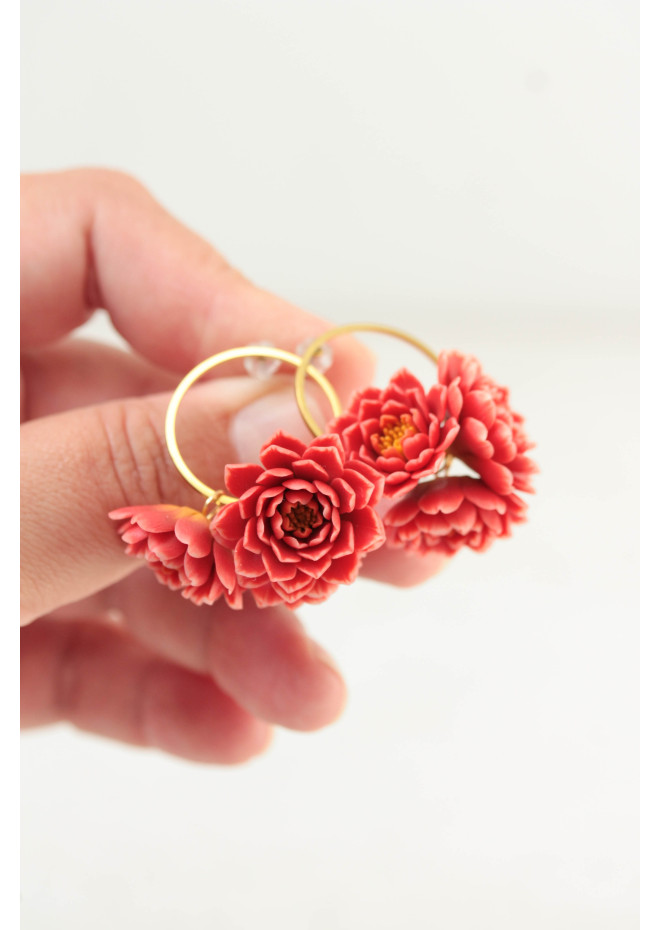 Coral Chrysanthemum Flower Hoop Earrings