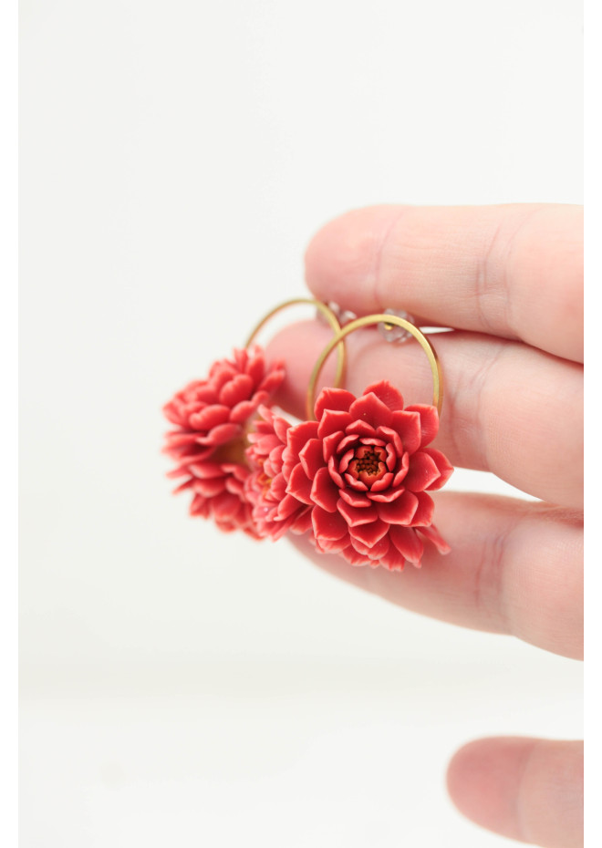 Coral Chrysanthemum Flower Hoop Earrings