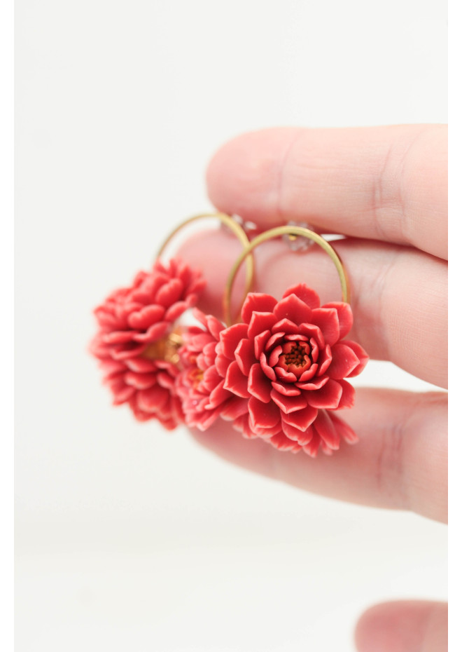 Coral Chrysanthemum Flower Hoop Earrings