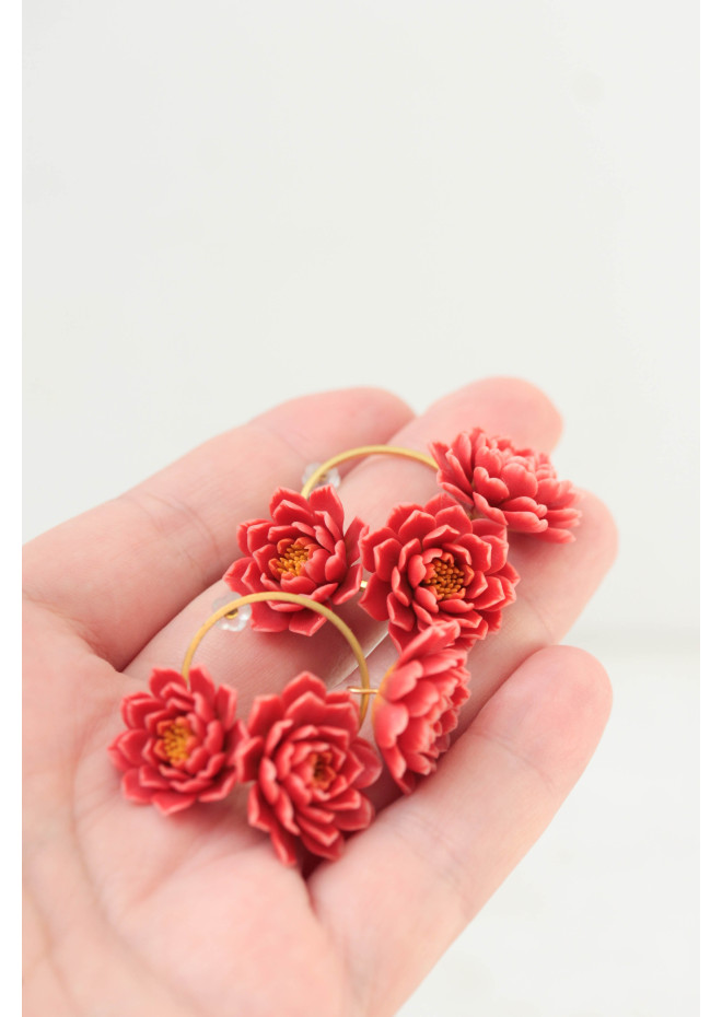 Coral Chrysanthemum Flower Hoop Earrings