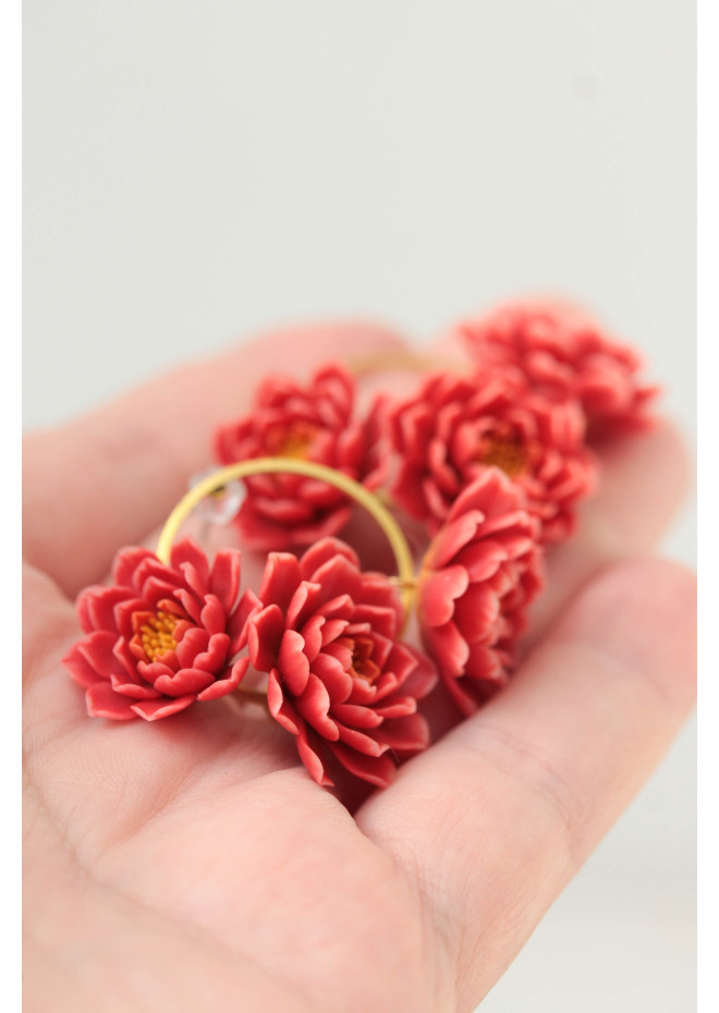 Coral Chrysanthemum Flower Hoop Earrings