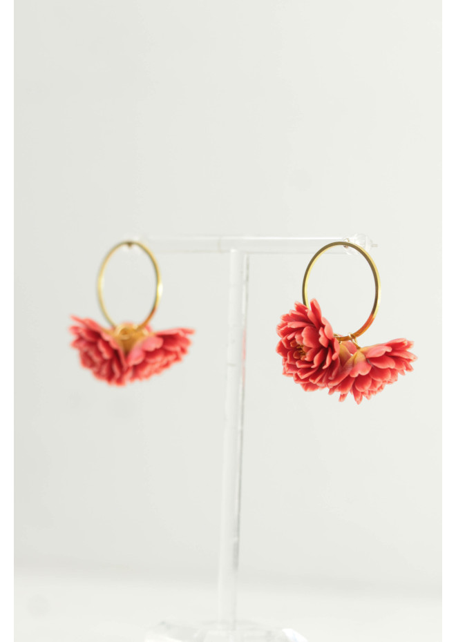 Coral Chrysanthemum Flower Hoop Earrings