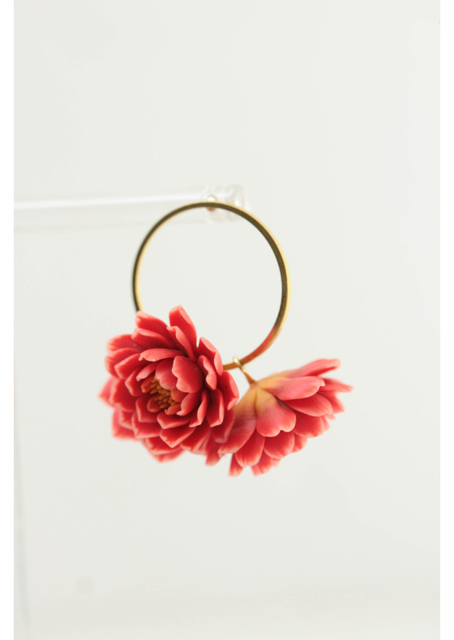 Coral Chrysanthemum Flower Hoop Earrings