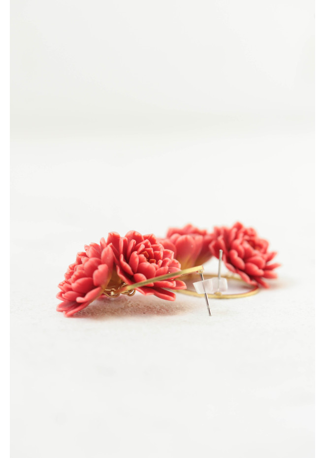 Coral Chrysanthemum Flower Hoop Earrings