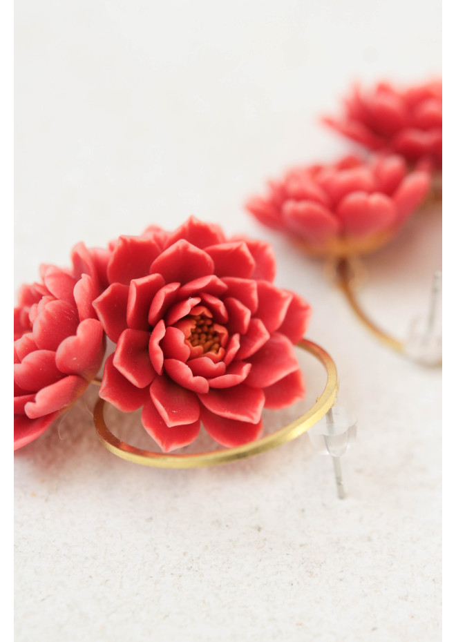 Coral Chrysanthemum Flower Hoop Earrings