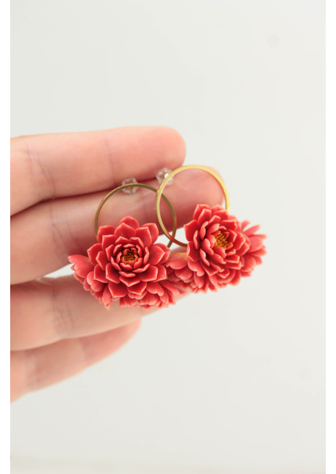 Coral Chrysanthemum Flower Hoop Earrings