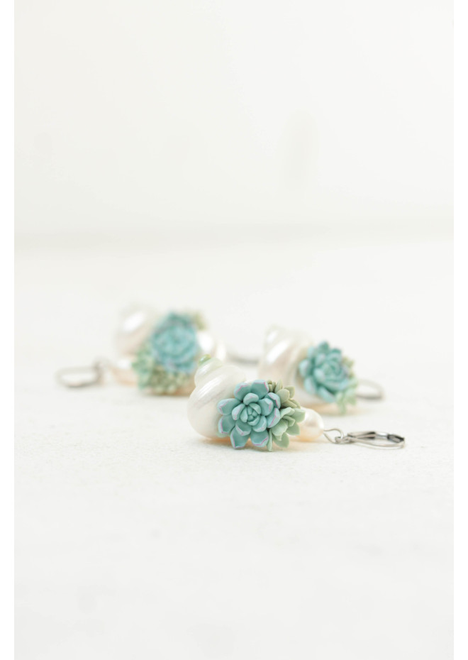 Sculptural Succulent Earrings with Natural Shells and Pearls