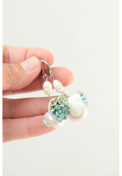 Succulent Shell Earrings with Natural Freshwater Pearls