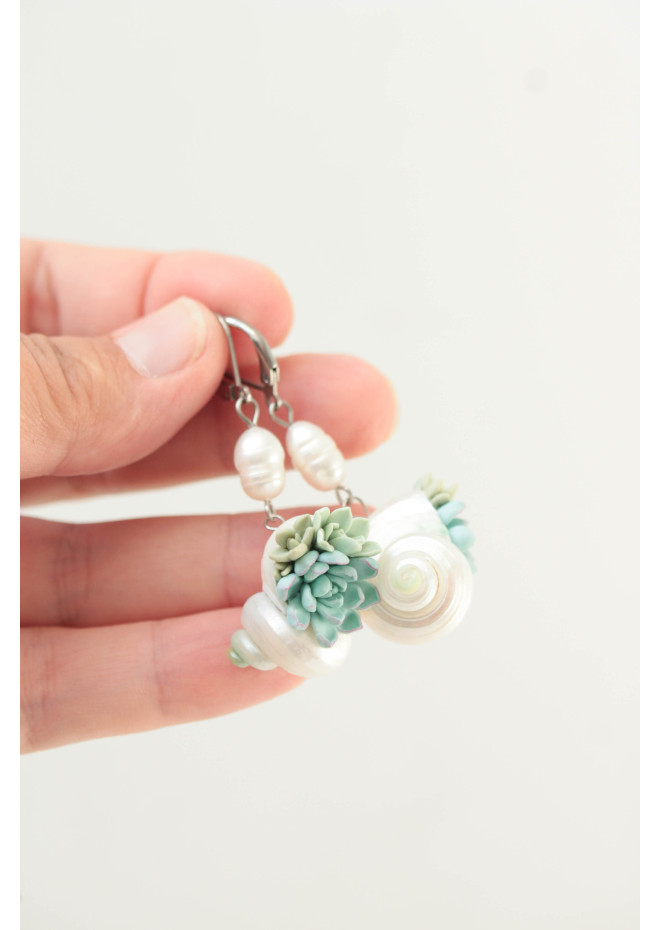 Sculptural Succulent Earrings with Natural Shells and Pearls