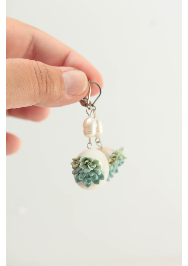 Sculptural Succulent Earrings with Natural Shells and Pearls