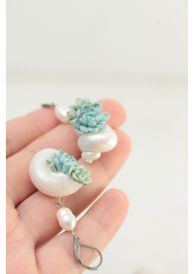 Sculptural Succulent Earrings with Natural Shells and Pearls