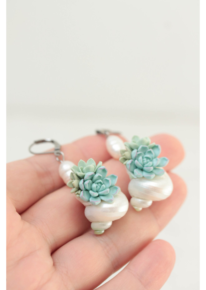 Sculptural Succulent Earrings with Natural Shells and Pearls