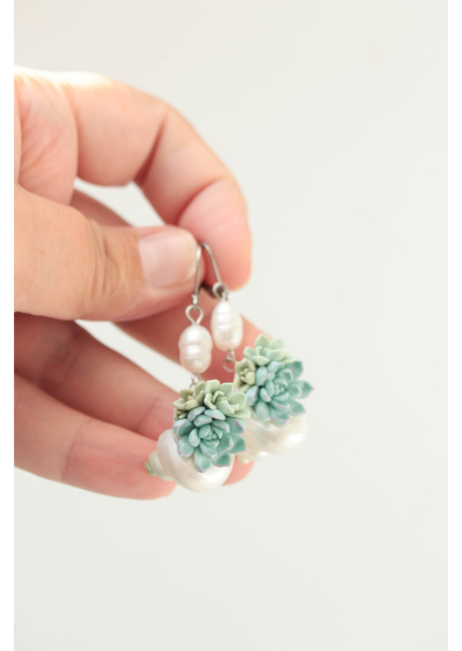 Sculptural Succulent Earrings with Natural Shells and Pearls