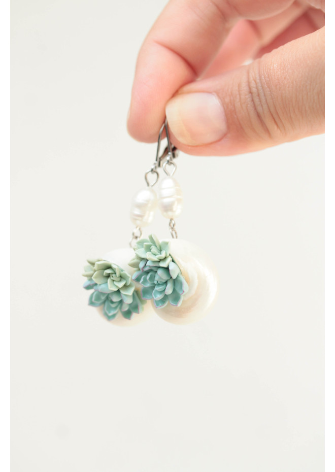 Sculptural Succulent Earrings with Natural Shells and Pearls