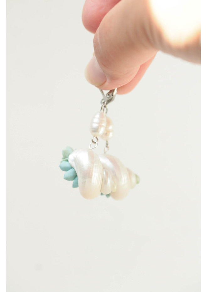 Sculptural Succulent Earrings with Natural Shells and Pearls