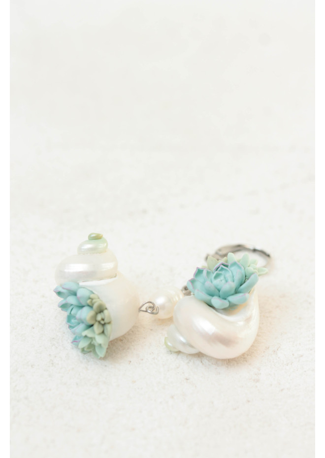 Sculptural Succulent Earrings with Natural Shells and Pearls