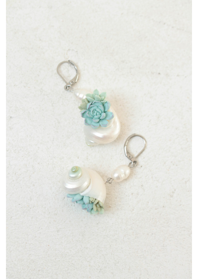 Sculptural Succulent Earrings with Natural Shells and Pearls