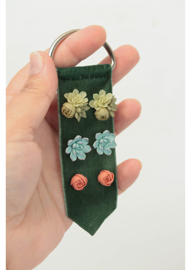 Succulent and Rose Stud Earrings Set of 3