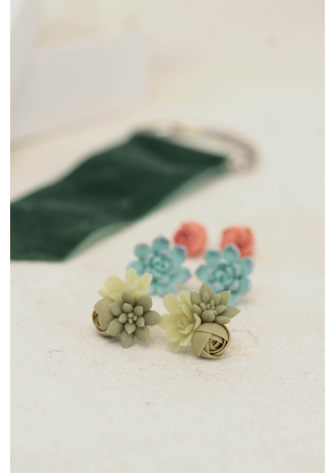 Succulent and Rose Stud Earrings Set of 3