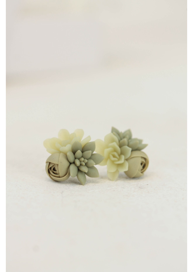 Succulent and Rose Stud Earrings Set of 3