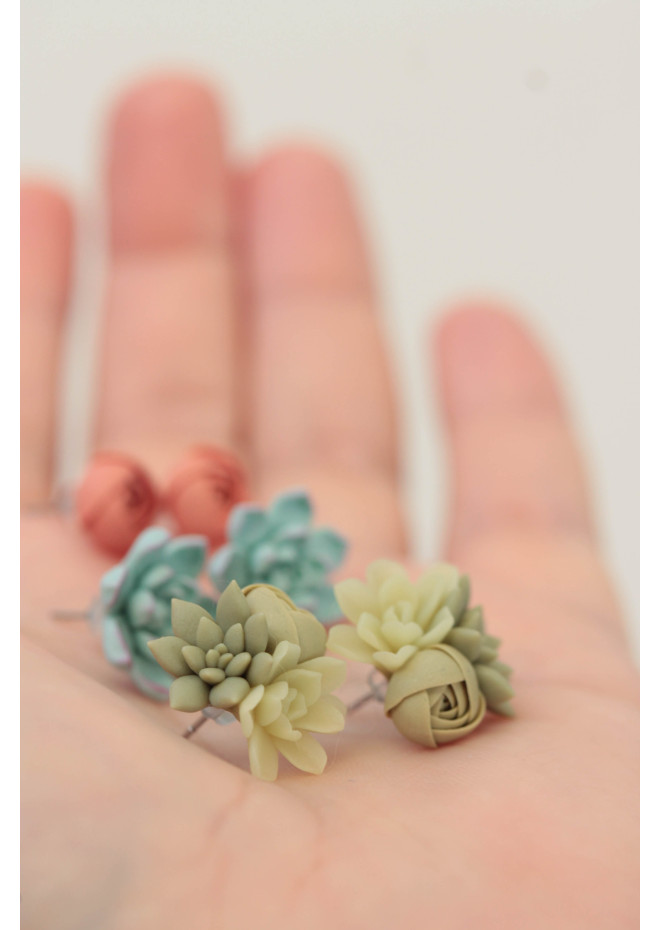 Succulent and Rose Stud Earrings Set of 3