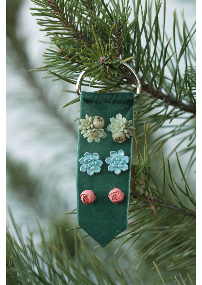 Succulent and Rose Stud Earrings Set of 3