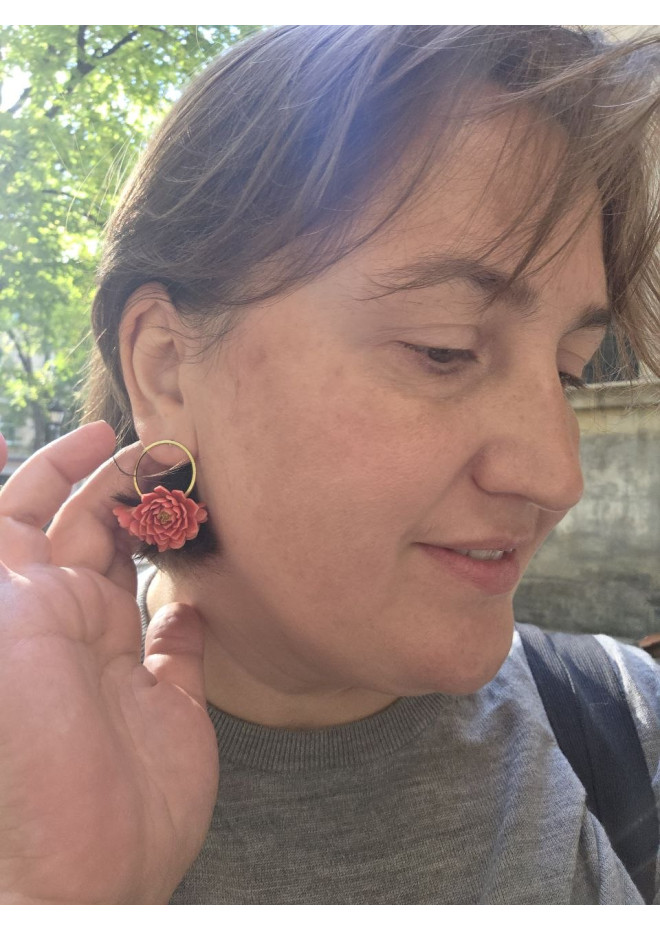 Coral Chrysanthemum Flower Hoop Earrings