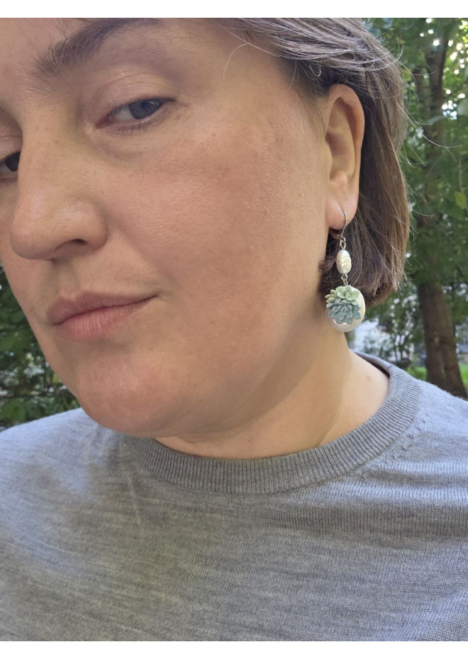 Sculptural Succulent Earrings with Natural Shells and Pearls