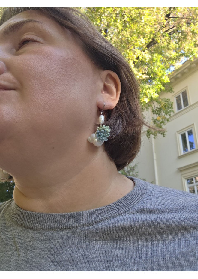 Sculptural Succulent Earrings with Natural Shells and Pearls