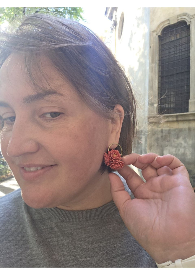 Coral Chrysanthemum Flower Hoop Earrings