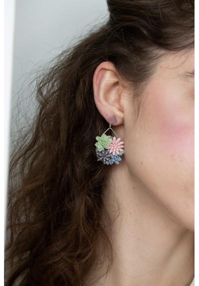 Statement Blue and Pink Succulents Earrings