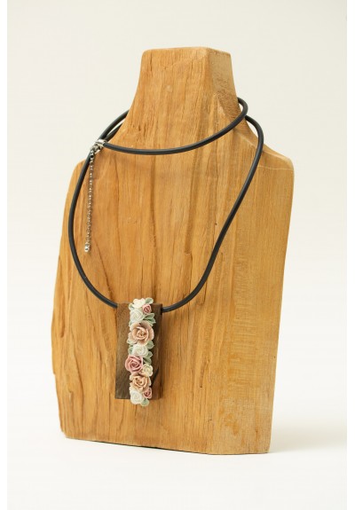 Floral Bouquet Necklace with Walnut Wood Pendant – One of a Kind Handmade Statement Jewelry