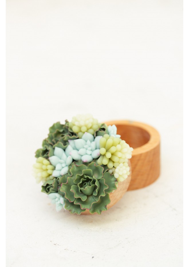 Handmade Wooden Ring Box with Succulent Decor – Unique Ash Wood Jewelry Box