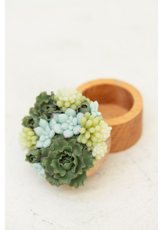 Handmade Wooden Ring Box with Succulent Decor – Unique Ash Wood Jewelry Box