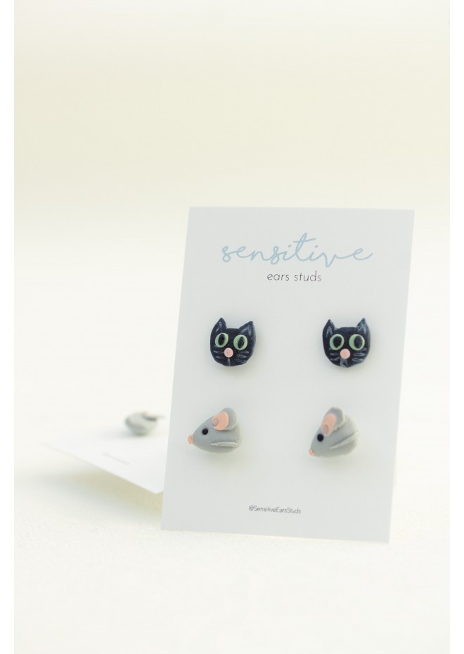 Animal Stud Earrings – Black Cat & Gray Mouse | Hypoallergenic Jewelry for Sensitive Ears