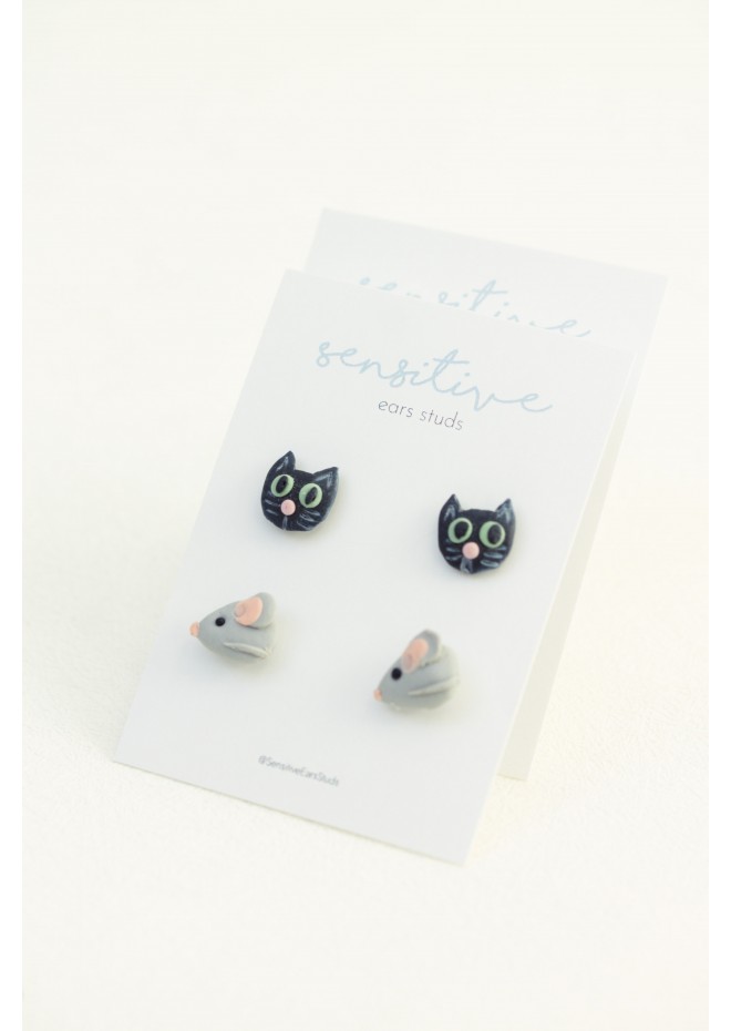 Animal Stud Earrings – Black Cat & Gray Mouse | Hypoallergenic Jewelry for Sensitive Ears