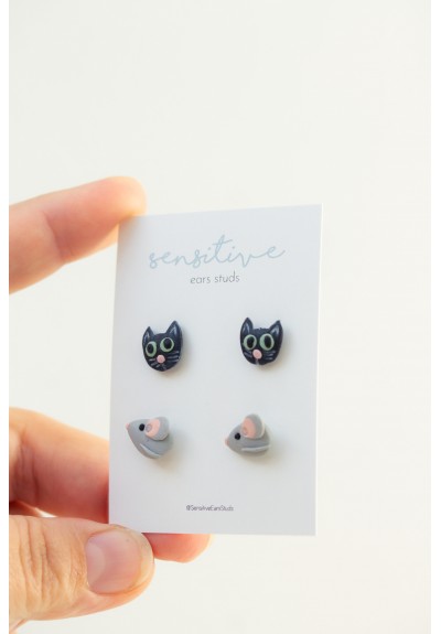 Animal-Inspired Stud Earrings Set for Sensitive Ears – Black Cat & Gray Mouse, Polymer Clay, Hypoallergenic, Gift Box Included