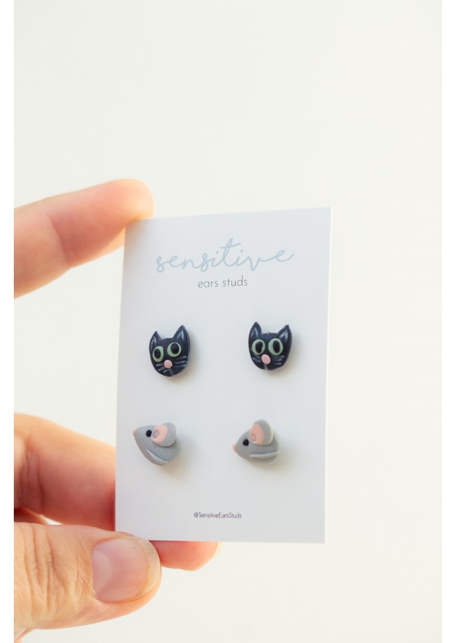 Animal Stud Earrings – Black Cat & Gray Mouse | Hypoallergenic Jewelry for Sensitive Ears