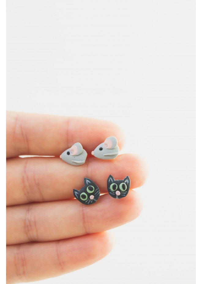 Animal Stud Earrings – Black Cat & Gray Mouse | Hypoallergenic Jewelry for Sensitive Ears