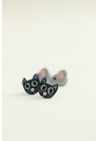 Animal-Inspired Stud Earrings Set for Sensitive Ears – Black Cat & Gray Mouse, Polymer Clay, Hypoallergenic, Gift Box Included