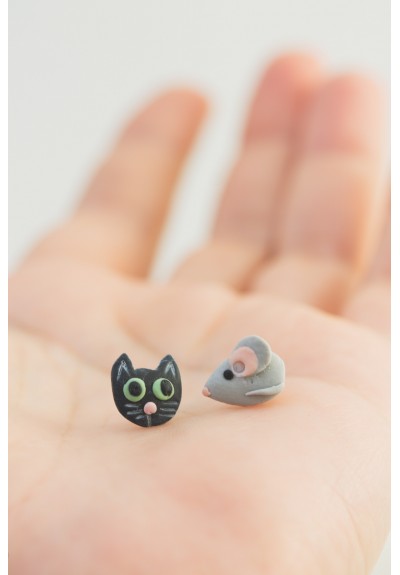 Animal-Inspired Stud Earrings Set for Sensitive Ears – Black Cat & Gray Mouse, Polymer Clay, Hypoallergenic, Gift Box Included