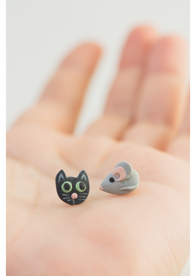 Animal Stud Earrings – Black Cat & Gray Mouse | Hypoallergenic Jewelry for Sensitive Ears